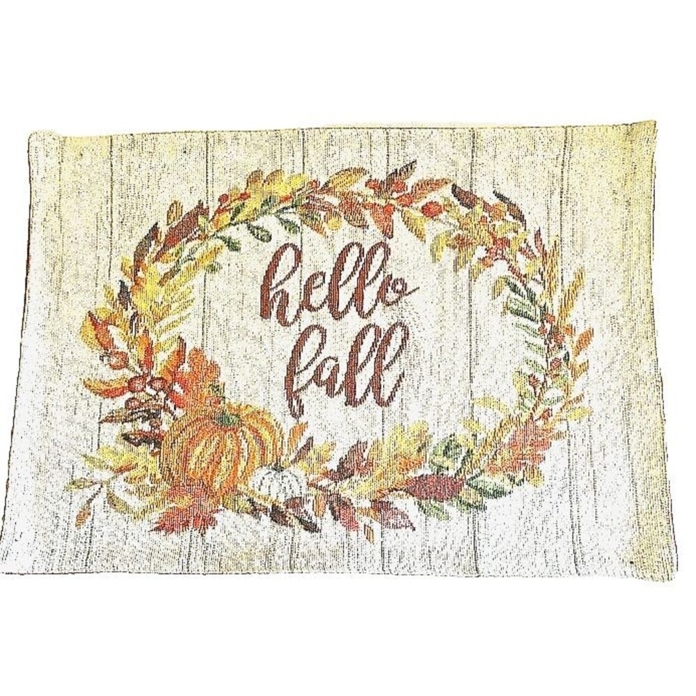 Hello Fall Placemats Tapestry Thanksgiving Pumpkin Floral Wreath 13x18 Set of 4